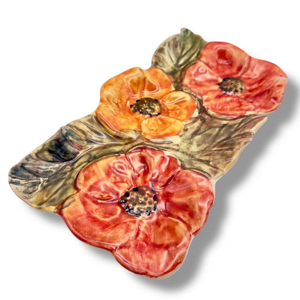 Vintage Italian Art Pottery Poppy Tray Textured Floral 3D Effect MCM Italy